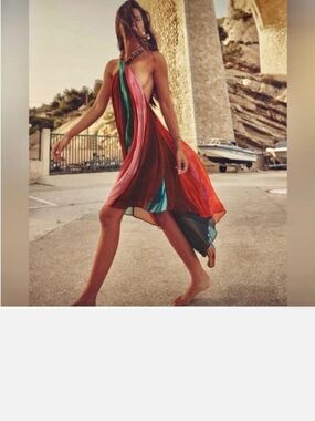 Zara Multicolor Halter Silk Beach Dress - Red, Green, Pink, Teal